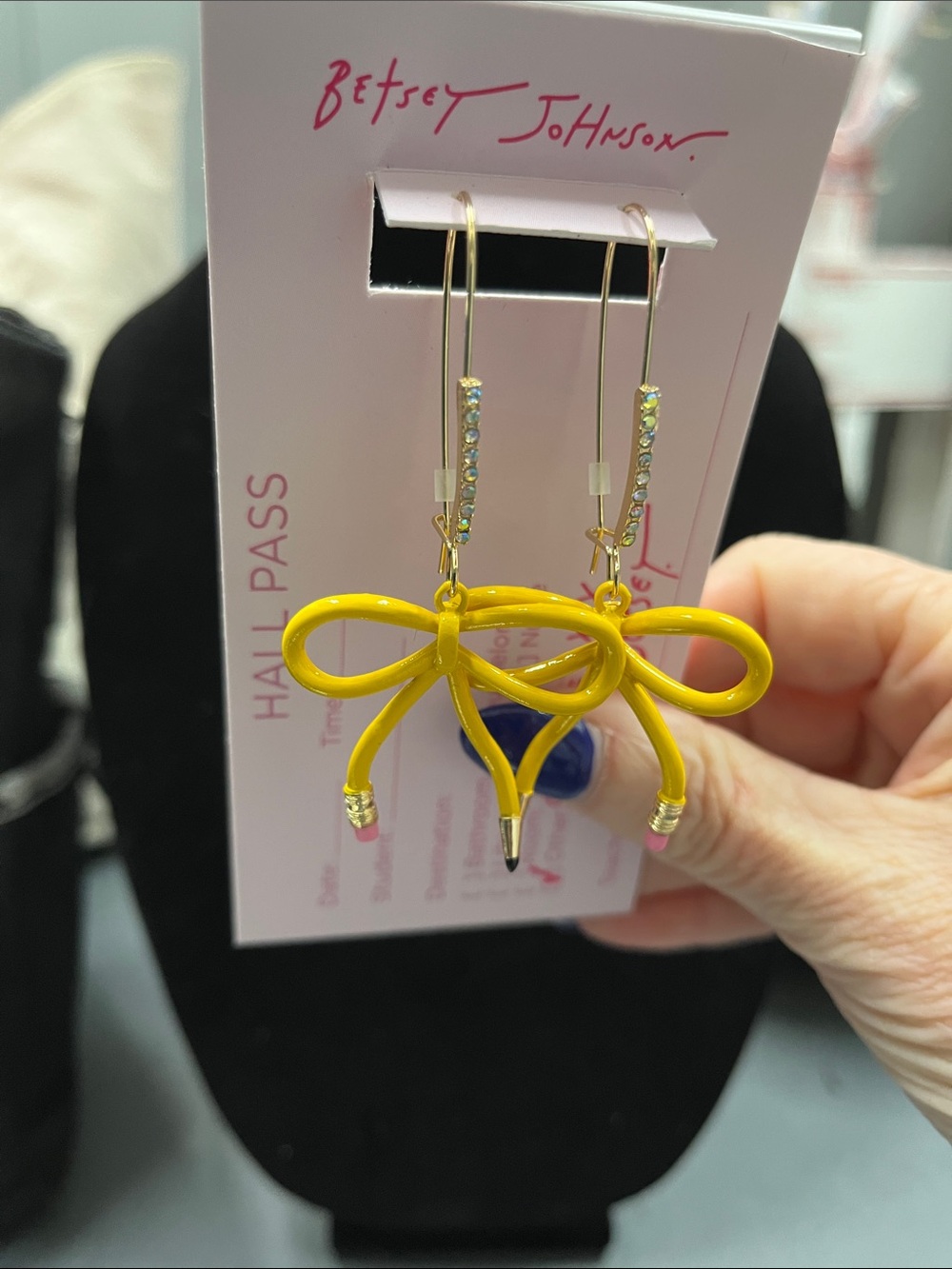 NWTBetsey Johnson Yellow Pencil Bow Hoop Drop Earrings with Rhinestones - Picture 2 of 6